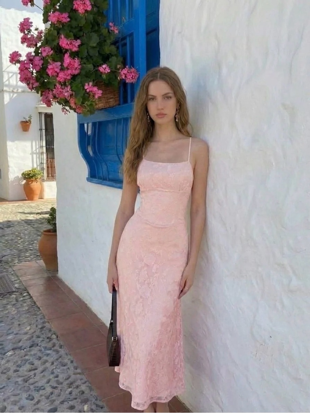 Cider Elegant Pink Lace Slip Midi Dress
